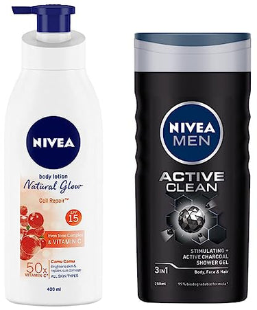Nivea Men Shower Gel, Active Clean Body Wash, Men, 250ml & Body Lotion, Extra Whitening Cell Repair SPF 15, For All Skin Types, 400ml